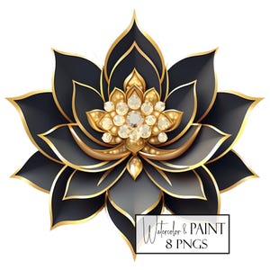 Zwart en goud lotusbloem clipartset, 8 transparante PNG-afbeeldingen, Instant Download, Commercieel gebruik, POD-gebruik