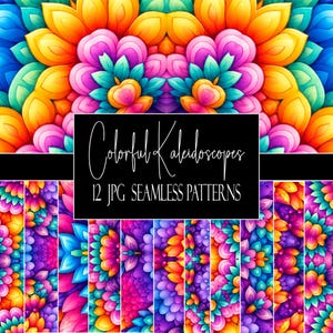 May include: A digital collection of 12 seamless patterns featuring vibrant, symmetrical kaleidoscope designs in shades of yellow, orange, pink, purple, and teal. A black rectangular overlay displays the white text Colourful Kaleidoscopes 12 JPG SEAMLESS PATTERNS.