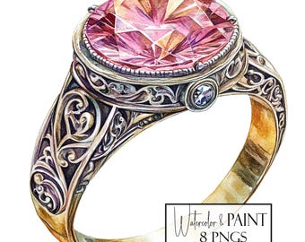 Watercolor Pink Diamond Ring Clipart: 8 PNG Graphics (Commercial Use)