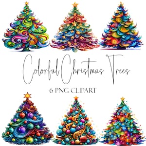 カラフルなクリスマスツリー、水彩画の要素、PNG 形式、即時ダウンロード、商用利用、POD 利用