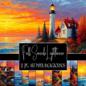 May include: A digital art print featuring a lighthouse and a house with a red roof, set against a vibrant sunset over the ocean. The text "Fall Seaside Lighthouse" and "12 JPG Art Paper Backgrounds" are displayed on a black rectangle.