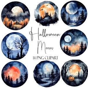 Halloween Full Moon Clipart, Watercolor Elements, PNG Format, Instant Download, POD Use, Commercial Use