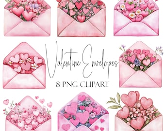 Op de afbeelding: Waterverfillustratie van acht roze enveloppen gevuld met harten en bloemen. De tekst "Valentine Envelopes" en "8 PNG Clipart" staat in zwart script. De enveloppen, harten en bloemen zijn in roze en rode tinten.
