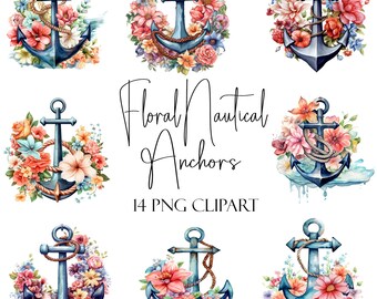 Floral Nautical Anchor Clipart, 14 PNG, Instant Download, Commercial Use, POD Use