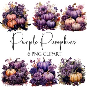 May include: Six digital clipart images of purple pumpkins with fall foliage and flowers. The pumpkins are arranged in different groupings and feature a variety of shades of purple.