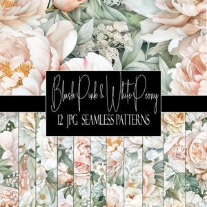 Blush Pink and White Peony Seamless Patterns, 12 JPG Digital Papers, Instant Download, Commercial and POD Use