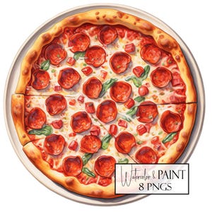 Watercolor Pizza Clipart Bundle, 8 Transparent PNGs, Instant Download, Commercial Use, POD Use