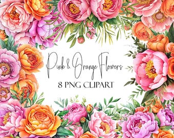 Pode incluir: Clipart de aquarela de flores rosa e laranja. As flores estão dispostas em um padrão circular com folhas verdes. O texto "Pink & Orange Flowers 8 PNG CLIPART" está no centro da imagem.