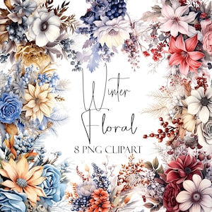 Clipart de flores de invierno, flores de acuarela, formato PNG, descarga instantánea, uso comercial, uso POD