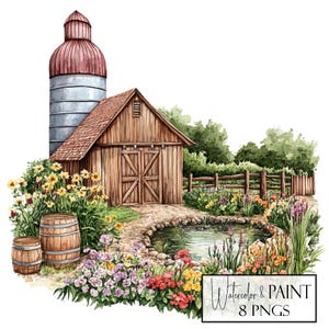 Paquete de imágenes prediseñadas de escenas de granero: PNG rústicos (uso comercial, POD)