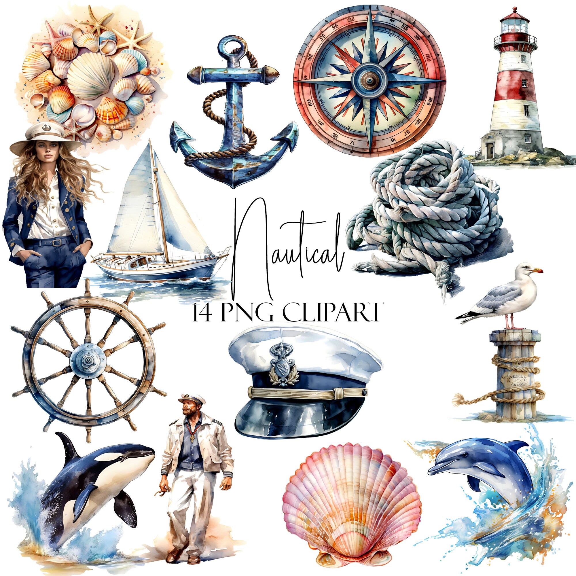 Nautical Clipart, Watercolor Elements, 14 PNGs, Instant Download, Commercial Use, POD Use