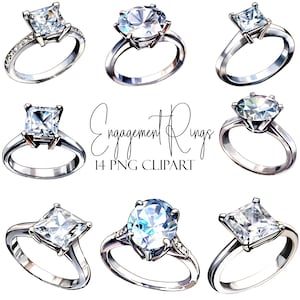 Puede incluir: Un conjunto de 10 anillos de compromiso con diferentes estilos de engastes de diamantes. Los anillos son todos de plata y presentan una variedad de formas de diamantes, incluyendo redondas, cuadradas y ovaladas.