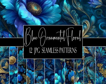 Blaue nahtlose Blumenmuster: Ornamental Digital Paper Pack (12 JPGs, kommerzielle Nutzung, POD-Nutzung)