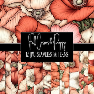 May include: A digital collection of 12 seamless patterns featuring illustrated cosmos and poppy flowers in shades of coral, peach, and cream with dark outlines. A black rectangular overlay displays the text Fall Cosmos & Poppy 12 JPG SEAMLESS PATTERNS.