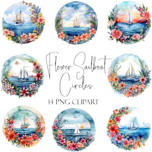 Círculos de veleiro de flores, clipart de aquarela, 14 PNGS, uso comercial, uso de POD