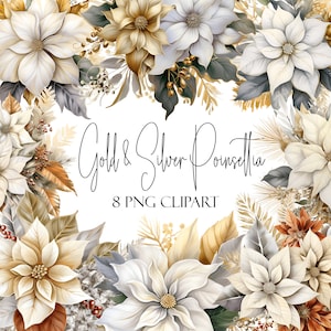 Oro y plata, flores de Pascua, clipart de acuarela, formato PNG, descarga instantánea, uso comercial, uso POD