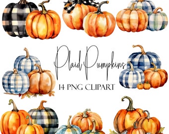 Calabaza a cuadros en acuarela: Elementos PNG de otoño (descarga digital)