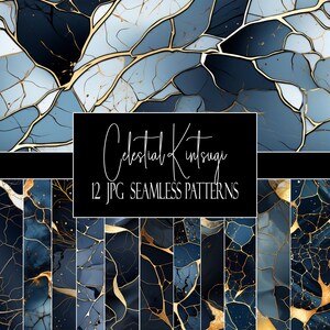 Può includere: Motivi digitali senza cuciture nei toni del blu, bianco e oro. I motivi presentano un design kintsugi, con linee dorate che collegano i pezzi. L'immagine include il testo "Celestial Kintsugi" e "12 JPG Seamless Patterns".