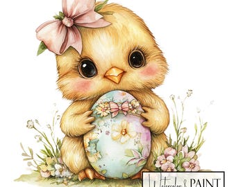 Watercolor Easter Chick Clipart Collection, 8 PNG Transparent, Instant Download Commercial and POD Use