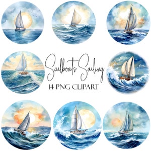 Voiliers à voile, clipart aquarelle, 14 fichiers PNG, téléchargement immédiat, usage commercial, utilisation du POD