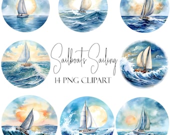 Sailboats Sailing, Watercolor Clipart, 14 PNGs, Instant Download, Commercial Use, POD Use