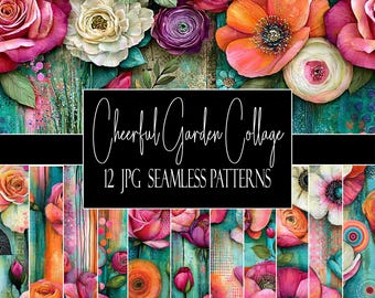 May include: A digital collage of floral patterns featuring vibrant roses, poppies, and succulents in shades of pink, orange, purple, and teal. The text reads Cheerful Garden Collage 12 JPG SEAMLESS PATTERNS over a black rectangular background.