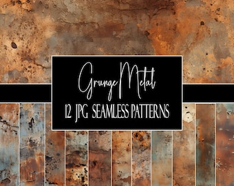 May include: A digital art image featuring a grunge metal texture with a rusty, weathered appearance. The image includes the text "Grunge Metal" and "12 JPG Seamless Patterns" in a black rectangle. The overall color palette is dominated by shades of brown, orange, and gray.