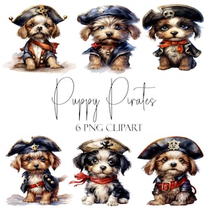 海賊の子犬、水彩画クリップアート、PNG 形式、即時ダウンロード、商用利用、POD 利用