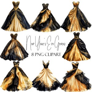 Vestidos de Nochevieja, imágenes prediseñadas de vestidos glamorosos, 8 PNG, descarga instantánea, uso comercial, uso POD