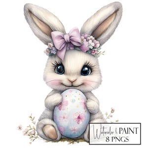 Watercolor Easter Bunny Clipart Bundle, 8 Transparent PNGs, Instant Download Commercial Use POD Friendly