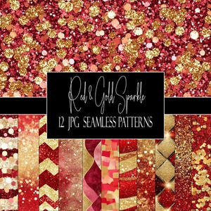 Rosso e oro scintillante, motivi senza soluzione di continuità, carte digitali glamour, 12 JPG, download immediato, uso commerciale, uso POD