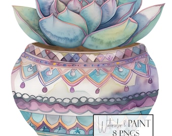 Watercolor Boho Cactus Clipart, Succulent Transparent PNG Set, Instant Download, Commercial Use, POD Use