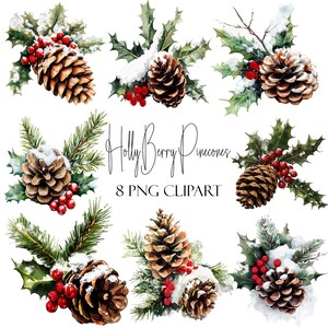 Clipart de Natal em aquarela: Azevinho, Pinhas (8 PNGs) (Download instantâneo)
