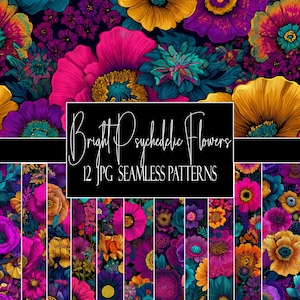 Padrões de flores psicodélicas brilhantes sem emendas, 12 papéis digitais JPG, download instantâneo, uso comercial, uso POD