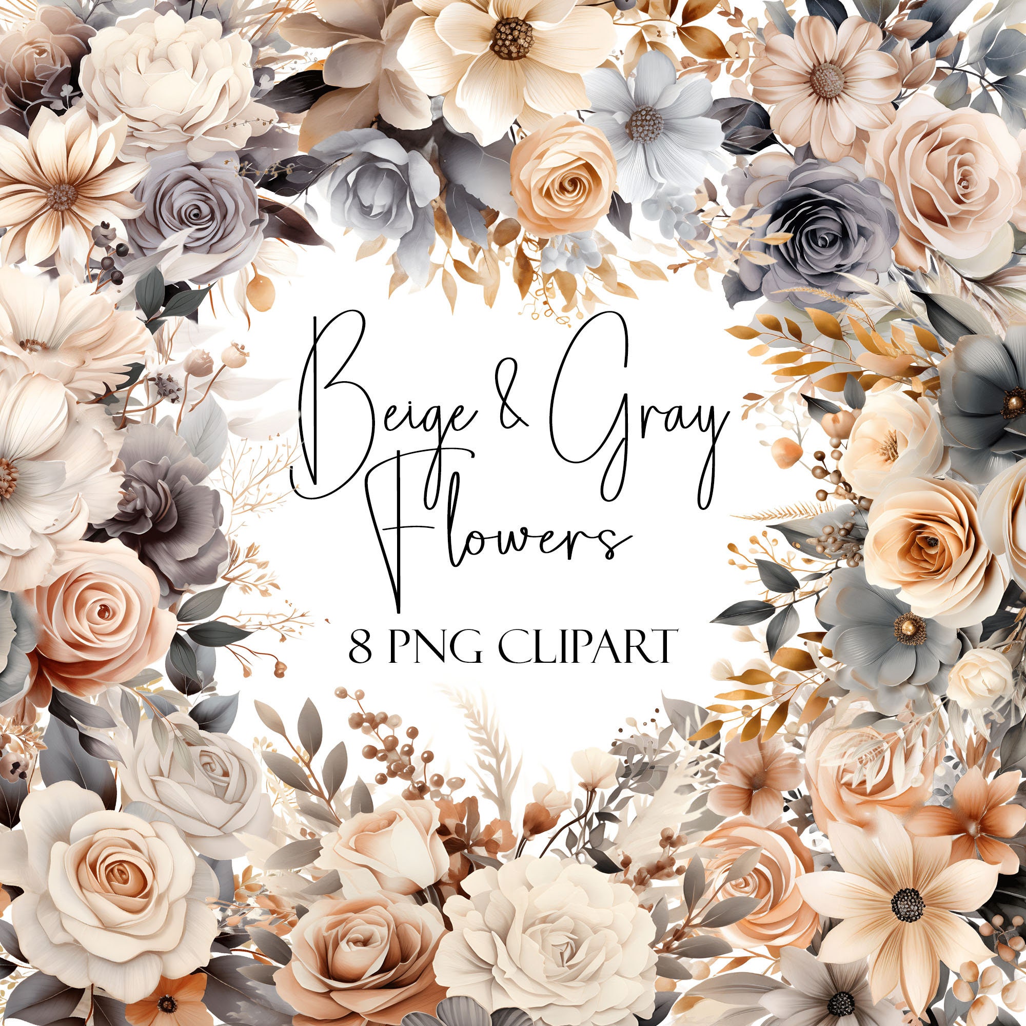Beige and Gray Flowers, Watercolor Floral, PNG Format