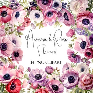 Anemone and Roses, Flower Elements, Watercolor Floral Clipart, Instant Download, POD Licensing, Commercial Use