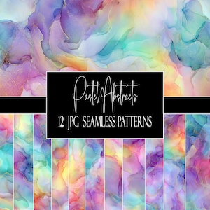 May include: A collection of 12 JPG seamless patterns with a pastel abstract design. The patterns feature a blend of colors including pink, purple, blue, and gold. The text "Pastel Abstracts" and "12 JPG SEAMLESS PATTERNS" are displayed on a black background.