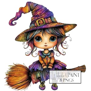 Colorful Witch Clipart Bundle: Halloween PNG Images, Commercial Use (Digital Download)