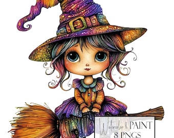 Colorful Witch Clipart Bundle: Halloween PNG Images, Commercial Use (Digital Download)