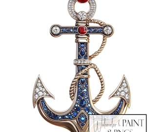 Americana Jeweled Nautical Anchor Clipart, 8 Transparent PNGs, Instant Download, Commercial and POD Use