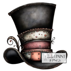 May include: A whimsical top hat design with a black crown and brim, accented with pink, white, and brown details. The hat features decorative embellishments and a ribbon tie. The image includes the text "Watercolor & PAINT 8 PNGs".