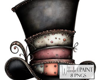 Clipart haut de forme fantaisie, 8 images PNG transparentes, usage commercial et utilisation POD