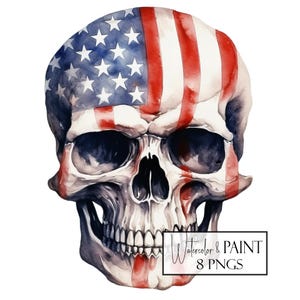 Watercolor Americana Skull Clipart: Patriotic PNG Bundle (Commercial Use, Digital Download