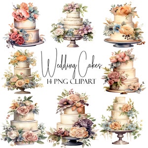 Bolo de casamento, clipart aquarela, 14 PNGs, download instantâneo, uso comercial, uso POD