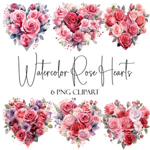 Aquarell Rosenherzen, Valentinstag Clipart, PNG-Format, Sofort-Download, kommerzielle Nutzung, POD-Verwendung