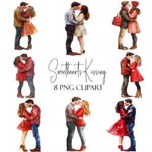 Amoureux qui s'embrassent, Clipart Saint-Valentin, éléments aquarelles, 8 PNG, téléchargement immédiat, usage commercial, utilisation POD