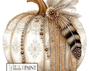 Watercolor Boho Pumpkin Clipart, Fall PNG Set, Commercial and POD Use