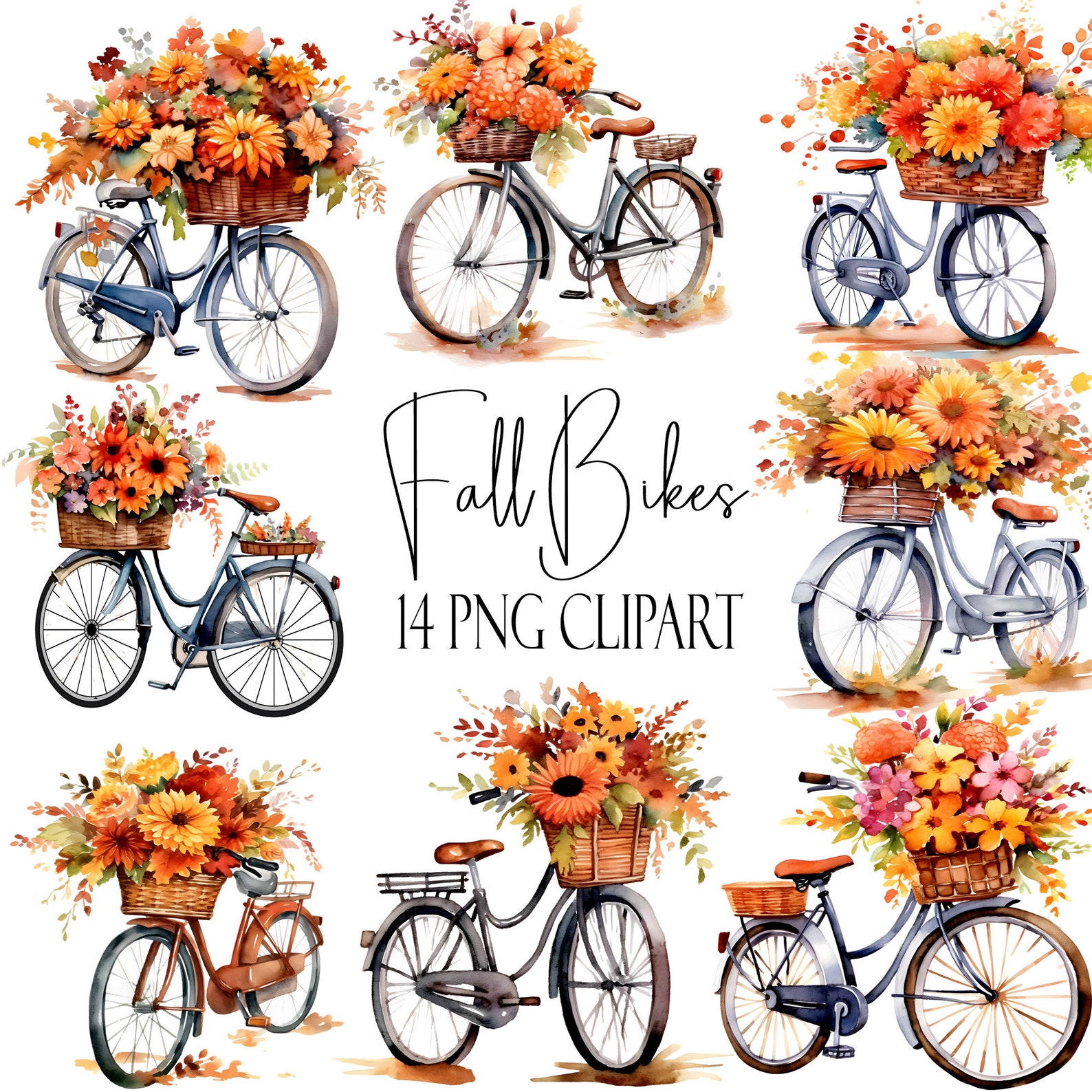 Fall Bicycle Clipart, Watercolor Autumn Bikes, Instant Download ...