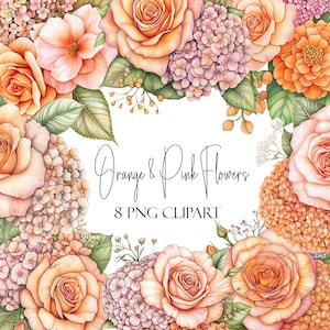 Orange Pink Flower Clipart, Transparent PNG Bundle, Instant Download, Commercial Use, POD Use