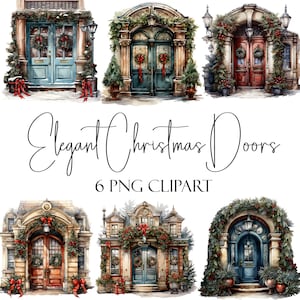 エレガントなクリスマスの玄関ドア、水彩画のクリップアート、PNG 形式、即時ダウンロード、商用利用、POD 利用